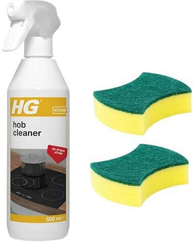Hob Cleaner & Amara Scrub Sponge | Effective HG Hob Cleaner 500mlfor Ceramic, Induction & Glass Hobs | Streak-Free Shine | Ideal Glass Cleaner & Oven Glass Cleaner | Non-Scratch Sponge for Washing Up