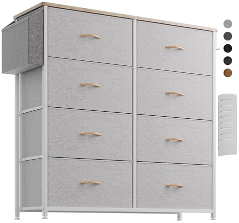 PURFINO Cassettiera in Tessuto - Cassettiere Stoffa con 8 Grandi Cassetti, Etichette, Tasca Laterale e Gancio per Soggiorno, Corridoio, Camera da Letto