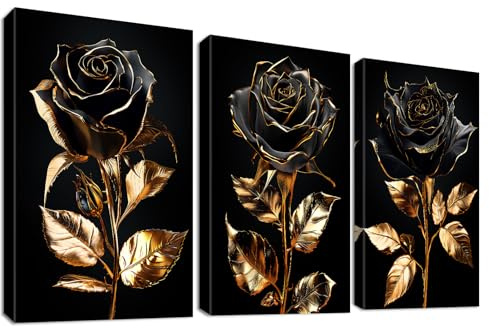 HALFLEMART 3Pcs Cadre en Bois Impression sur Toile Rose Noire Dorée Tableau Image sur Toile Affiche Roses Noires Feuilles D'or Tableau Decoration Murale Salon Chambre Salle de Bain 50x70cm x3