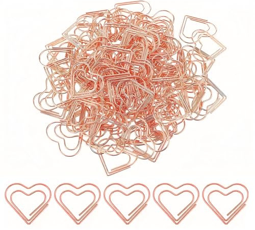 KLINNA 50 Stück Büroklammern Herz Roségold, klein und Edel im Spender, Ideen mit Herz, Liebe Motiv Büroklammer & Paper Clips Büro,Schule,Klassenzimmer, Aktenklammer(Roségold)