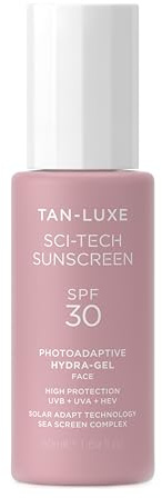 Tan-Luxe Photo-Adaptive Face Gel SPF 30 50ml – Ultra-Lightweight Water-Based Sunscreen with Blue Light Defense, Collagen Support & Sea-Screen Complex – Non-Greasy, Hydrating