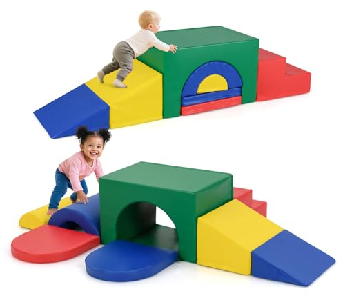 COSTWAY 7 PCS Module Motricité Bébé avec Toboggan & Escalier, Parcours Motricité Bébé en Mousse avec Housse en PU & Bandes Agrippantes, Jouets Éducatifs pour Enfants d'Âge Préscolaire (Vert)