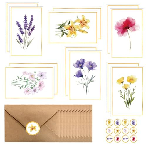 12 pcs tarjeta regalo, tarjetas personalizadas con sobres y pegatinas, tarjeta de felicitación flores, postales vintage, para día de la madre, bodas, cumpleaños y navidad
