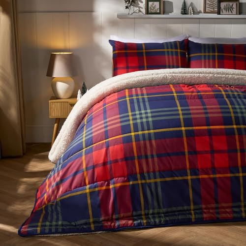 OHS Coverless Duvet Single 10.5 Tog, Christmas Winter Coverless Duvet Ultra Soft Warm Comfy Tartan Check Sherpa Reversible Washable Quilt Single Duvets with Pillowcases, Red/Navy