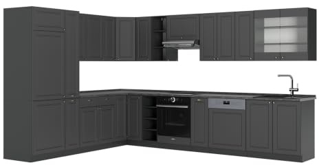 Vicco Eckküche Fame-Line, Anthrazit-Gold Landhaus/Anthrazit, 347 x 257 cm | 16 Module · Höhenverstellbare Füße · Ohne Arbeitsplatte · MDF-Fronten · Softclose · Metallgriffe