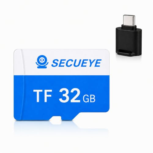 SECUEYE 2-in-1 Universal Type C TF Card Reader Set Fat32 High Speed Reading/Writing 24/7 Video Recording for Security Camera Smartphone Tablet and More (32GB + Card Reader)