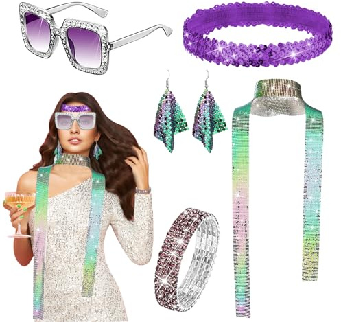 6 Stück 1970er Jahre Disco Zubehör, 70er Jahre Glitzer Disco Kostüm, Disco Accessoires Set Damen mit Pailletten Schal, Sonnenbrille Ohrringe Armband und Stirnband, für Karneval Fasching Disco Party