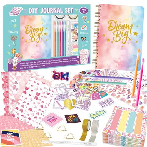 Donfulfip Tagebuch-Set zum Selbermachen, Geschenk für Teenager-Mädchen, Schreibwaren-Set für Mädchen, Geburtstagsgeschenke im Alter von 4–12 Jahren, Kunst- und Bastelset, kultiviert Glück und positive
