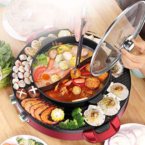 HJYXXSR Korean Hot Pot with Grill Pan - Multifunctional Electric Indoor BBQ, Smokeless Shabu Dual Temperature Control & Non-Stick Divider