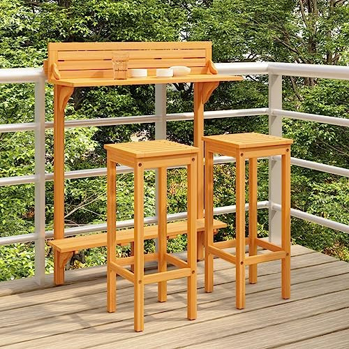 YuuSsea 3-TLG. Balkon-Bar-Set, Massivholz Akazie geölt, 90x37x122.5cm, Outdoor Möbel für Terrasse, Garten, Balkon, Essgruppe mit 2 Barhockern, langlebig