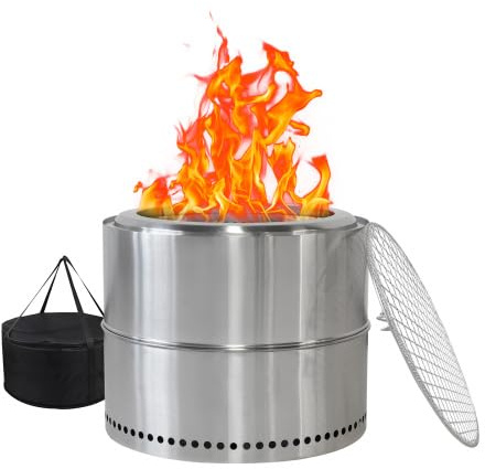 Tragbare, rauchfreie Feuerschale aus Edelstahl – Mit praktischem Grillrost & Ascheeimer. Vielseitige Feuerstelle für Garten, Terrasse, Camping und Outdoor-BBQ