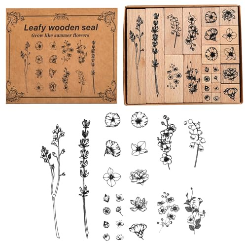 22 Pcs Blumen Stempel Set 22 Stück Holz Pflanzen Stempel Stempelset aus Holz und Gummi zum Basteln Stempel für Scrapbooking DIY Geschenkanhänger (22, Blumen)