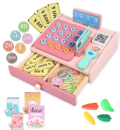 VERTOYCO Holz Kasse Kinder Spielzeug, Spielkasse mit Scanner Warenkorb Spielzeugartikel Spielgeld Münzen Debitkarte, Kasse Kaufladen Registrierkasse Rollenspiel Geschenk für Kinder ab 3+ Jahren