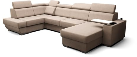 O-Sofa Wohnlandschaft Kongo RBN20, Eckcouch in U-Form mit Schlaffunktion, Farbe: Beige, Velourstoff, Ottomane Rechts