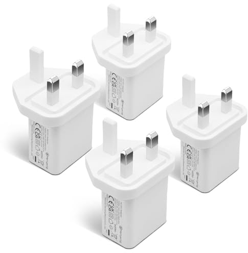 4PCS UKCA 5V 1A 5W USB Pulg 3-Pin Portable Charger Universal Travel Adapter for USB Light, Phone, Tablet, Speaker, Smart Watch, Earbud, Fan, Razor, etc