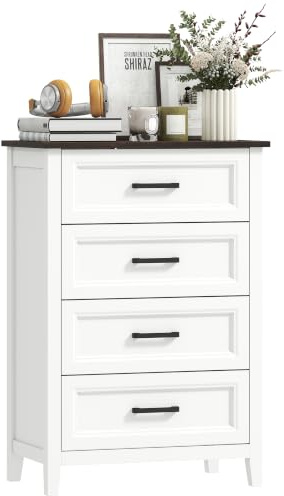 HOMCOM Kommode, 4 Schubladen, Kommode für Schlafzimmer, schmal und hoch, mit Arbeitsplatte in Holzoptik, Kommode für kleine Räume, Wohnzimmer, Büro, 60 x 35 x 87 cm, Weiß