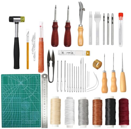 Leder Handwerk Set mit Schonhammer, Absteckgabeln & Kantenhobeln – Komplett Werkzeugset mit Ledernadeln & Garn für DIY Reparatur, inkl. Mini Unterlage