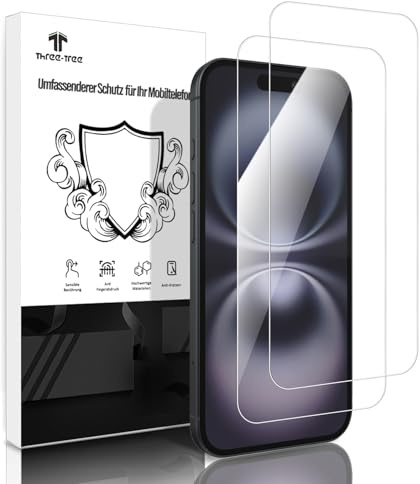 Three-Tree Schutzfolie für Panzerglas für iPhone 16, Fingerabdruck-ID Unterstützen Folie - 2 Stück, 9H Härte, HD Clear Displayschutz Schutzfolie Glas für iPhone 16