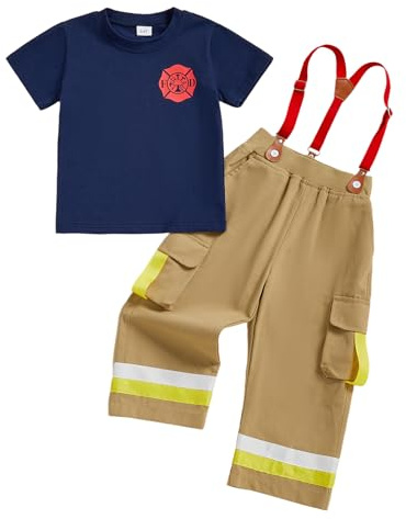 HZPHQY Kids Toddler Boy Girl Fireman Clothes Short Sleeve T Shirt Suspender Pants Overalls Firefighter Halloween Outfit (A Blue, 5-6 Years)