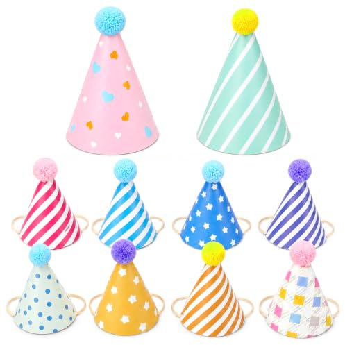 Apausvcm 10 Stück Partyhüte Mini Partyhüte für Kuscheltiere Kleine Party Hüte Kuscheltiere Bunt Party Kegel Hat Bunte Papierhüte Mit Pompons Partyhut Geburtstag Set für Geburtstagsfeiern Erwachsene