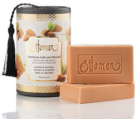 Natürliche Honig & Mandel Seife mit Olivenöl in nostalgischer Zylinderbox Handmade, Geschenkbox (2x75 gr)