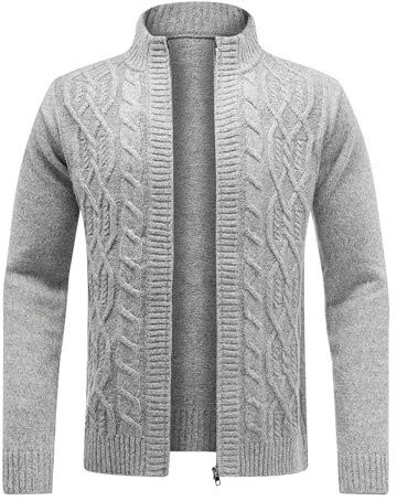 Allthemen Cardigan Homme Hiver Chaud Veste en Maille Zippé Décontracté Gilet Pull Tricoté Automne Manteau Couleur Unie avec Col Montant Gris XXL