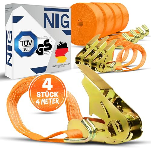 NTG Spanngurte mit Ratsche | 2, 4, 6, 8, 10 oder 20 Stück | 800 kg | 4m | 2 teilig | TÜV/GS geprüft | zweiteilig mit Haken | Ratschengurt | Zurrgurte | 25mm | 0,8 t (4 Stück)