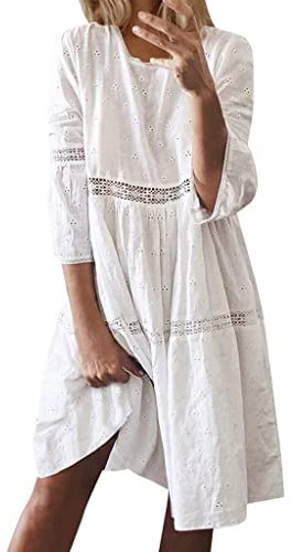 ORANDESIGNE Sommerkleid Damen Boho Kleider Casual A-Linie Rundhals 3/4-Arm T-Shirt Kleider Elegant Knielang Blumen Strand Kleider Lose Tunika Weiß L