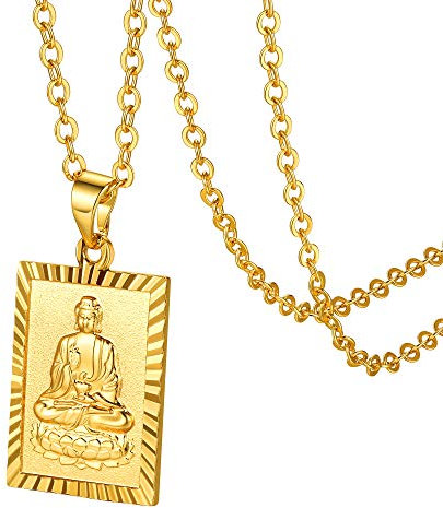 Collier Bouddha Homme Or Plaque Carre Pendentif Bouddhiste Chinois Acier Inoxydable Médaille Amulette Protection Porte Bonheur Chaine Garcon 20 pouce 50cm