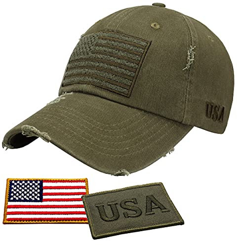 Antourage Baseballmütze mit amerikanischer Flagge, Unisex, für Damen und Herren, USA-Flagge, Netz, Snapback, flache Visierkappe + 2 patriotische Patches, (01) Olivgrün, Einheitsgröße