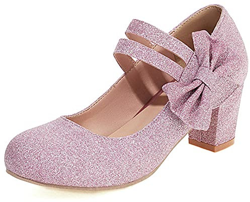 MJIASIAWA Donna Closed Toe Tacco A Blocco Bows con Cinturino alla Caviglia Mary Jane Pump Sposa Brillantini Eleganti Vestito Serata Prom Scarpe Viola Numero 41 EU/43 Asiatico