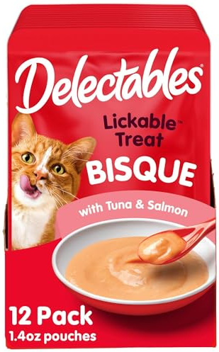 Delectables Lickable Treat Bisque Wet Cat Treat with Real Tuna & Salmon, Food Topper, Hydrating, Grain-Free, No Fillers, No By-Products, No Added Preservatives, 1.4oz Pouch, 12ct