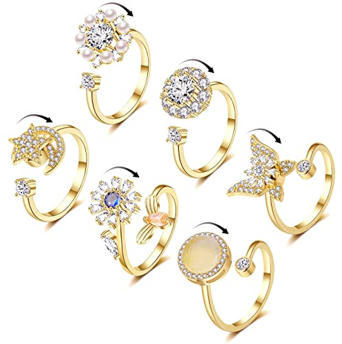 Honsny 6Pcs 14K Gold Plated Anxiety Rings for Women, Adjustable Spinner Anxiety Ring, CZ Butterfly Bee Moon Star Fidget Rings for Anxiety Stress Relief for Women
