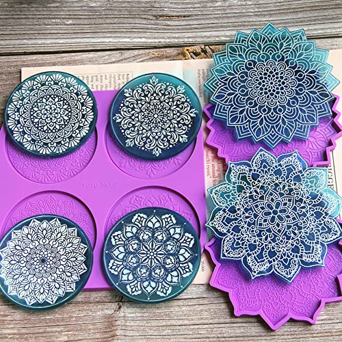 FZSECRIU Mandala untersetzer Harz Formen,silikonformen epoxidharz,silikonform Teller, Mandala-Blütenuntersetzer-Silikonharz-Form,epoxidharz Formen rund,silikonformen epoxidharz tablett,Violett