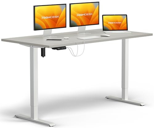 KRIEG HighDesk SMART Höhenverstellbarer Schreibtisch 120 x 80 cm I Weiß + Grau - Elektrischer Sitz- & Stehtisch mit Tischplatte - Stehschreibtisch Elektrisch Höhenverstellbar