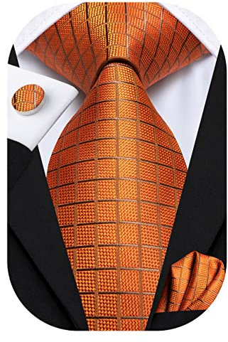 Hi-Tie Herren Krawatte Schwarz Paisley/Plaid/Streifen/Einfarbig Krawatten Set Einstecktuch Manschettenknöpfe Business Formal Hochzeit Meeting Geschenkbox,orangefarbenes Plaid