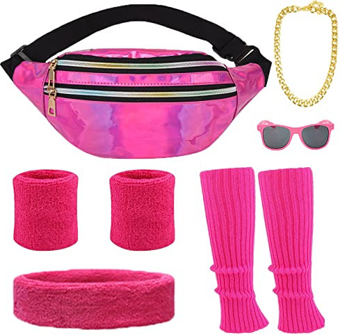 Deguisement Annee 80 Femme Homme Accessoire Fluo Sac Banane Bandeau Cheveux Femme Bracelet Jambiere Annees 80 90 Deguisement Disco Femme Homme Enfant Déguisement Année 80 Accessoires Sportif (rose)
