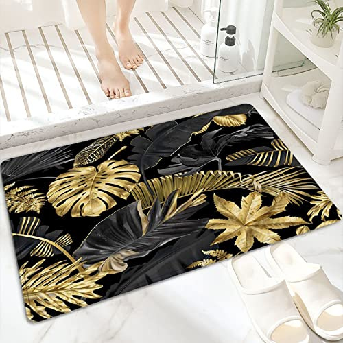 Badematte, rutschfest Waschbar Badezimmerteppich 60x100 cm,Gold und schwarze tropische Blätter auf dunkle,Badvorleger mit Wasserabsorbierenden, Weichen Mikrofasern für Badewanne, Dusche und Badezimmer
