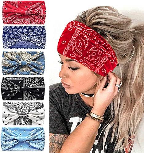 6Stück Stirnbänder für Frauen Breite verknotete Turban Bandana Boho Kopftücher Wraps Yoga Haarbänder Stoff elastische Stirnband Sport Laufen Kopftücher