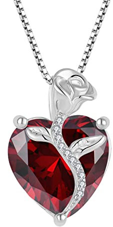 FJ Herz Kette Damen 925 Sterling Silber Granat Kette Januar Geburtsstein Halskette Anhänger Rose Blume Schmuck Geschenke für Frauen Mutter Freundin Mama