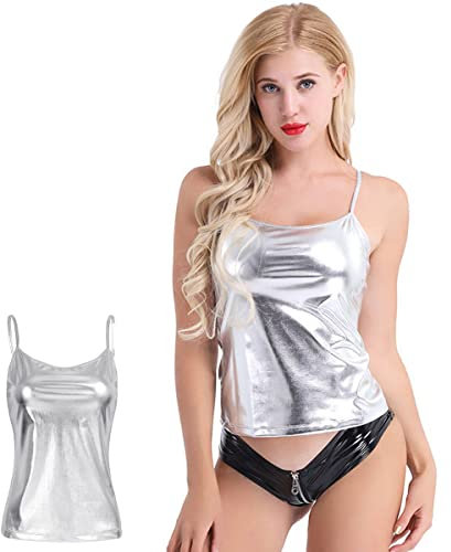 SamHeng Glänzendes Tanktop für Damen, ärmelloses metallisches Sexy Unterhemd, Basic Solides Weste Oberteil mit Trägern, tägliches Neckholder Tanktop, Blusenhemd für Nachtclub Party Performance Kostüm