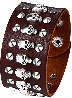 JewelryWe Schmuck Leder Armband Herren Punk Rock Gothic Breit Manschette Lederarmband mit Schädel Totenkopf Nieten Verstellbar Armreif Geschenke für Männer Braun