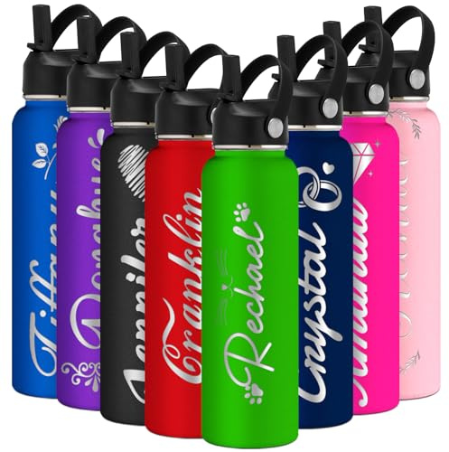 Busparst Custom Engraved Water Bottle Insulated with Straw Personalised Sport Water Bottle with Name Customize Stainless Steel Water Bottle with Straw Lid for Men Women