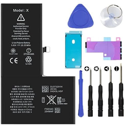 Batt-IPhone X Battery Replacement Kit Including Water Proof Sticker, Screwdriver, Suction Cup, Pry Tool - DIY Smartphone Repair, Professional Battery Replacement Accessories (2716 mAh).