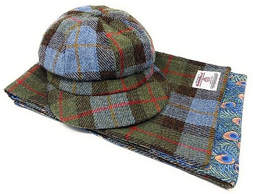 Scott und MacKenzie Harris Tweed Baker Boy-Mütze und passendes gefüttertes Schal-Set im MacLeod-Tartan