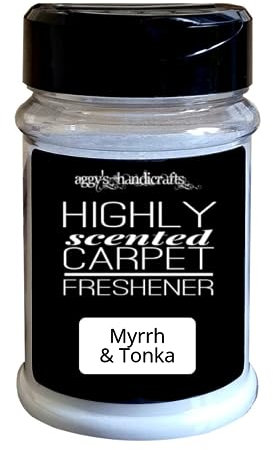 MYRRH & TONKA Handmade Highly Scented Shake & Vacuum Carpet Freshener for Carpets, Rugs, Upholstery & Fabric Car Interiors in Reusable Plastic Shaker Jar