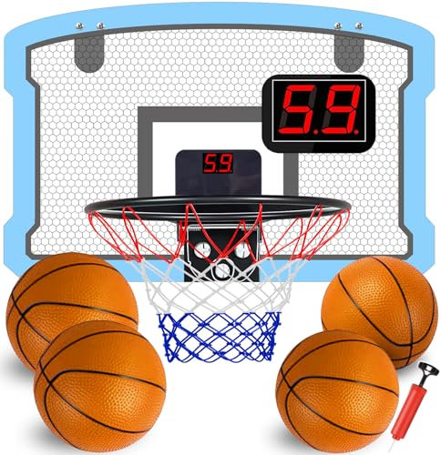 TEUVO Mini Basketballkorb Indoor Kinder mit 4 Ball, Tür Basketballkorb für Zimmer & Büro Elektronische Anzeigetafel Basketball Korb Outdoor Wandmontage Ballnetz Office Home Spielzeug Geschenke Jungen