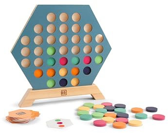 BS Toys Gesellschaftsspiel 3-in-Einer-Reihe - Variante von Vier gewinnt -Hexagonales Strategiespiel aus Holz mit umdrehbaren Karten - Für Kinder ab 5 Jahren und älter - 2-4 Spieler