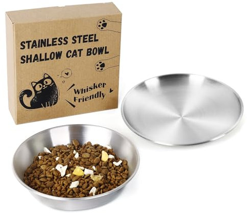 Juego de platos para gatos de 6.7 pulgadas de ancho, cuencos de acero inoxidable 304 para gatos, 2 cuencos de agua de metal poco profundo con almohadillas antideslizantes, plato de comida húmeda y