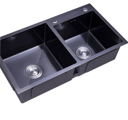 DECORN Schwarzes Großes Doppelwaschbecken für Die Küche Nano-Waschbecken Edelstahlspüle mit Siebverschluss und Abflussrohr-Set für Restaurants, Bars und Privatküchen,81x43x20cm